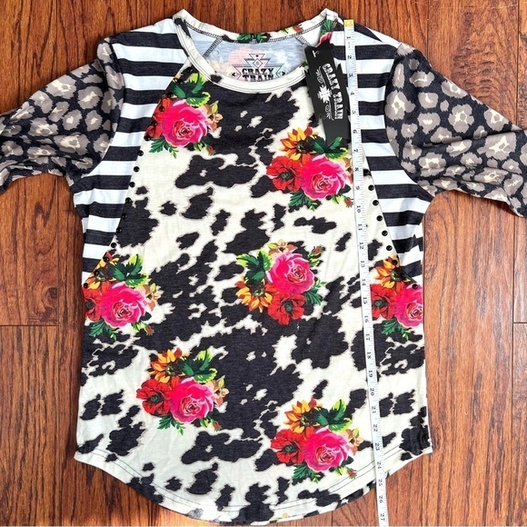 Crazy Train Western Cow Floral Leopard Print Studded 3/4 Sleeve Top Size Small - Picture 10 of 11